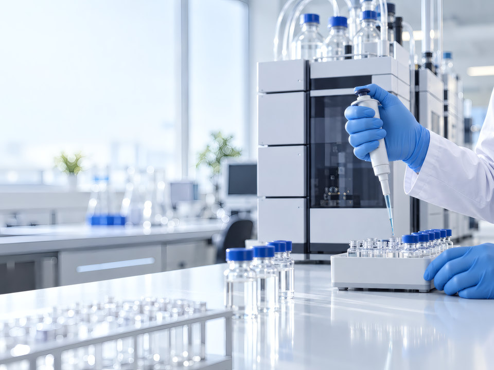 Gloved hand holding a pipette at a laboratory bench