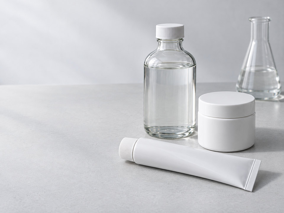 Unlabelled bottle, jar and tube
