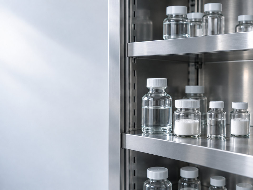 Closed glass containers on shelves in a metal cabinet