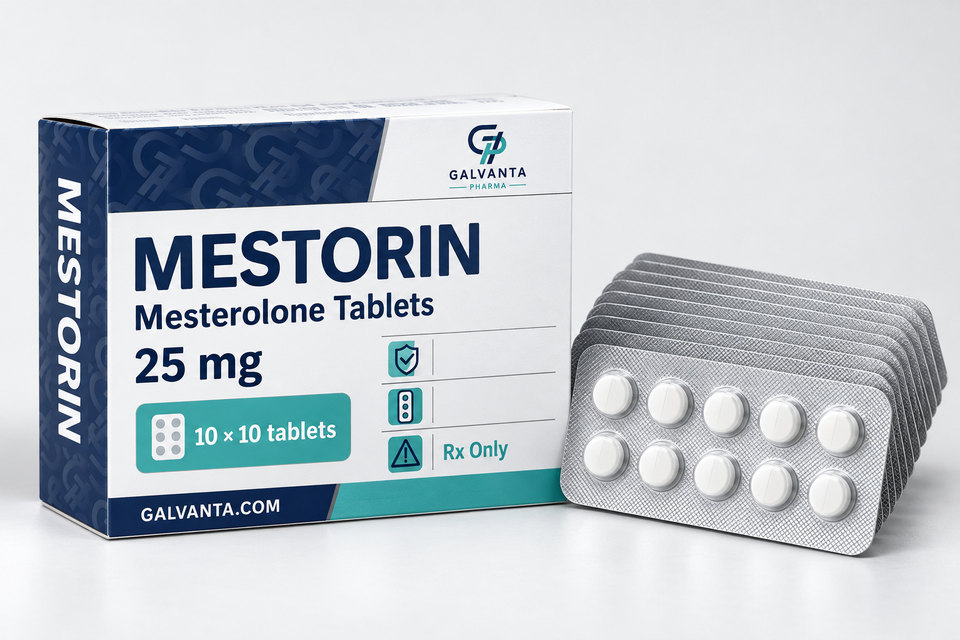 Mesterolone packaging.