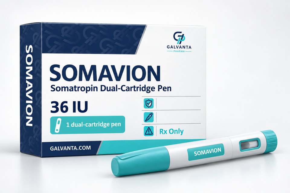 Somatropin 36 IU pen packaging.