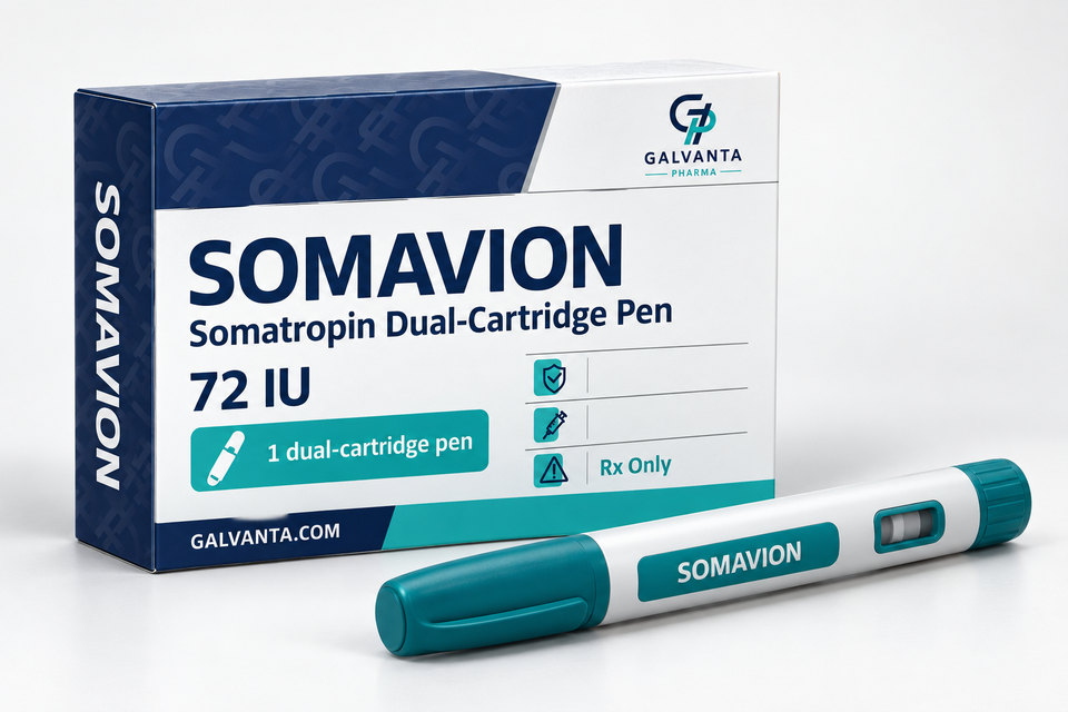 Somatropin 72 IU pen packaging.